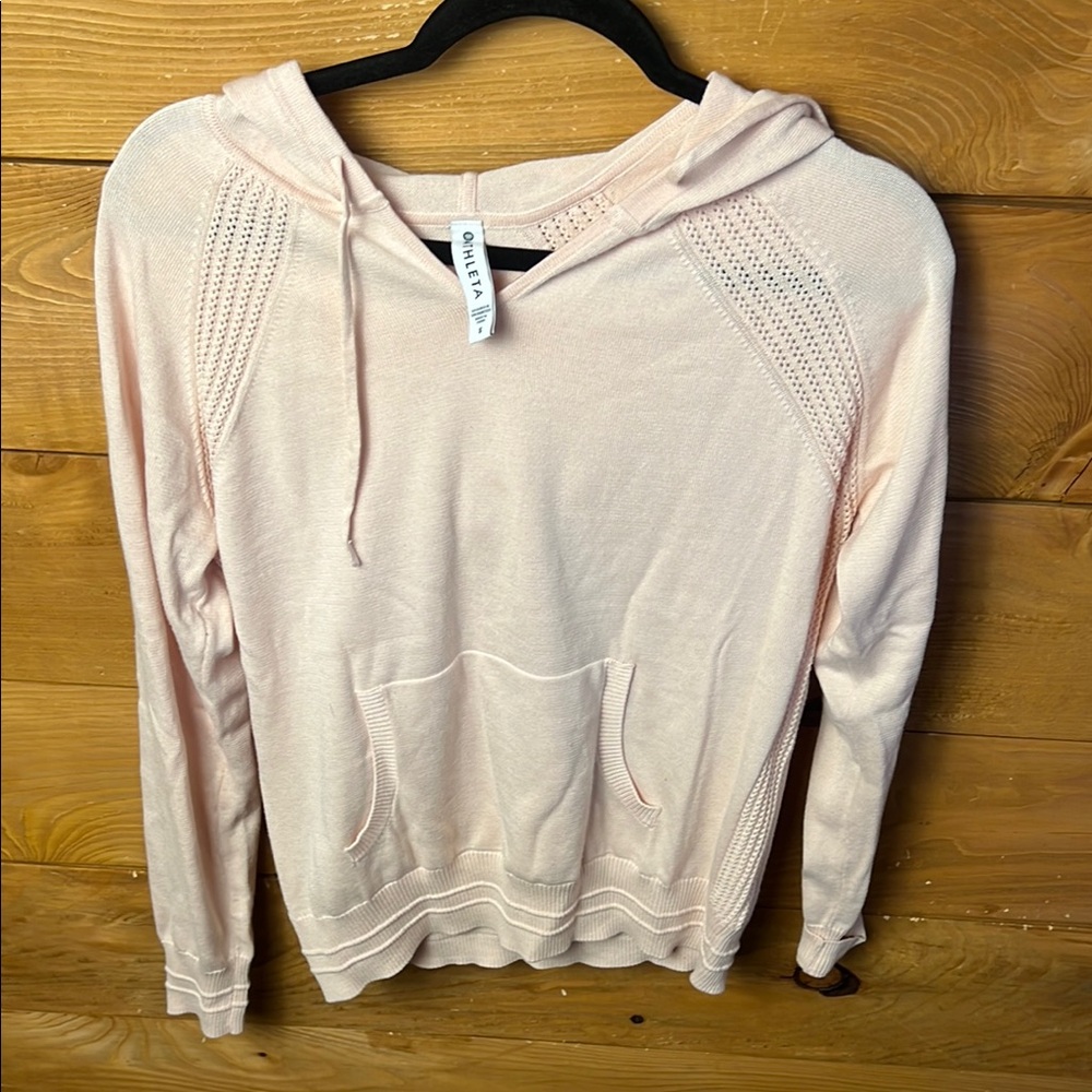 Athleta Womens Pink Relaxed Ribbed Pullover Hoodie Sweater Pocket Oversized Y2K